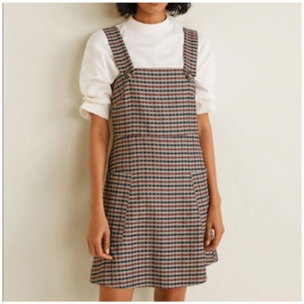 Mango Brown checkered button pinafore Mini dress size XS - Picture 2 of 6